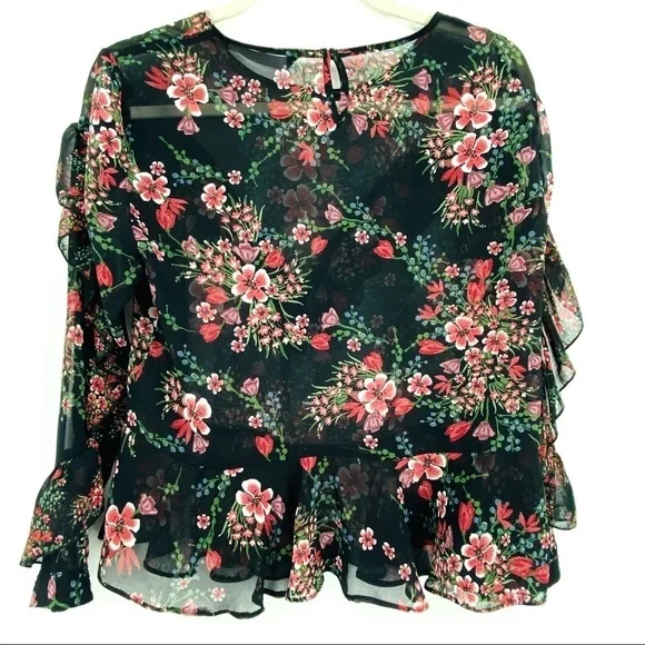 Zara Women Sheer Floral Long Sleeve Ruffled Layered Pink Black Cuffed Blouse SzM - Picture 3 of 15